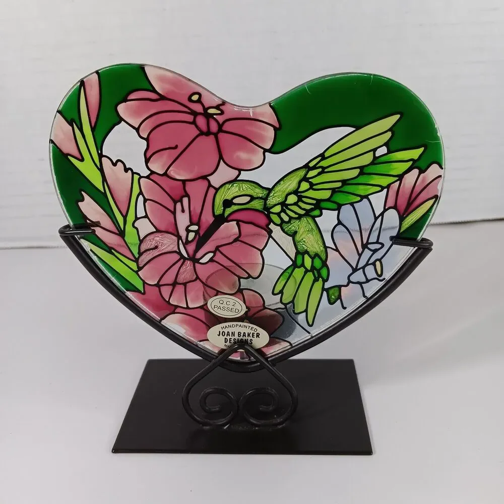 Joan Baker Designs Stained Glass Candle Holder Humming Bird Heart Handpainted